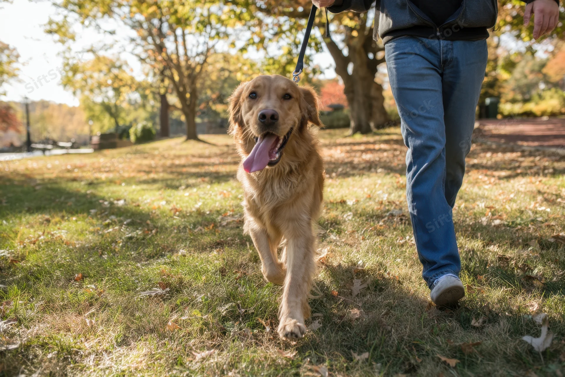 Golden retriever trotting on leash beside person walking in park with autumn leaves on grass