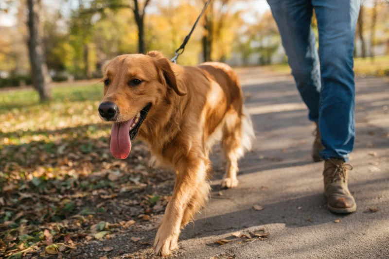 Golden retriever trotting on leash beside person walking on paved path in autumn park