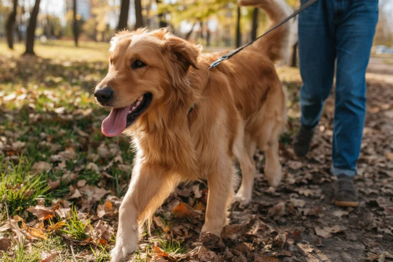 Golden retriever trotting on leash beside person in park during autumn