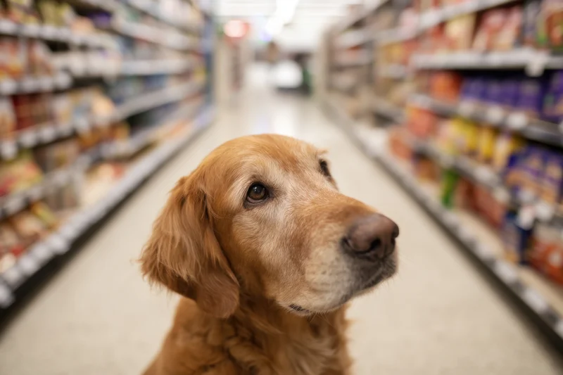 Golden retriever sitting in a grocery store aisle looking up