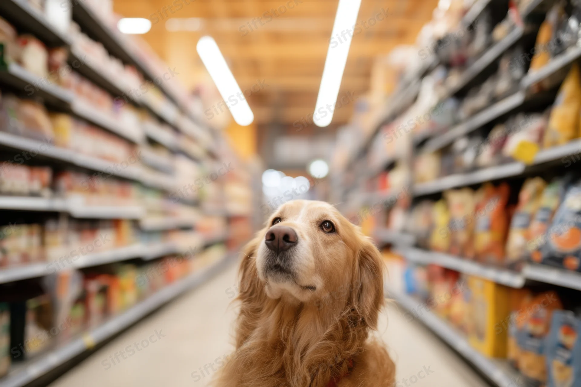 Golden retriever standing in grocery store aisle looking up between shelves of pet food