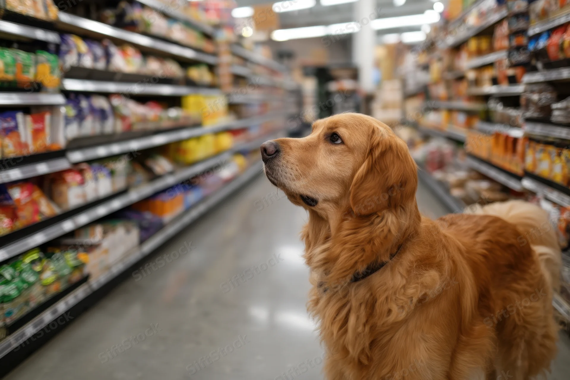 Golden retriever standing in grocery store aisle surrounded by shelves of food products