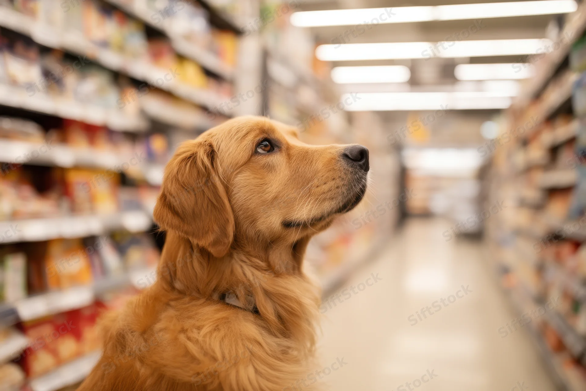 Golden retriever standing in grocery store aisle looking up