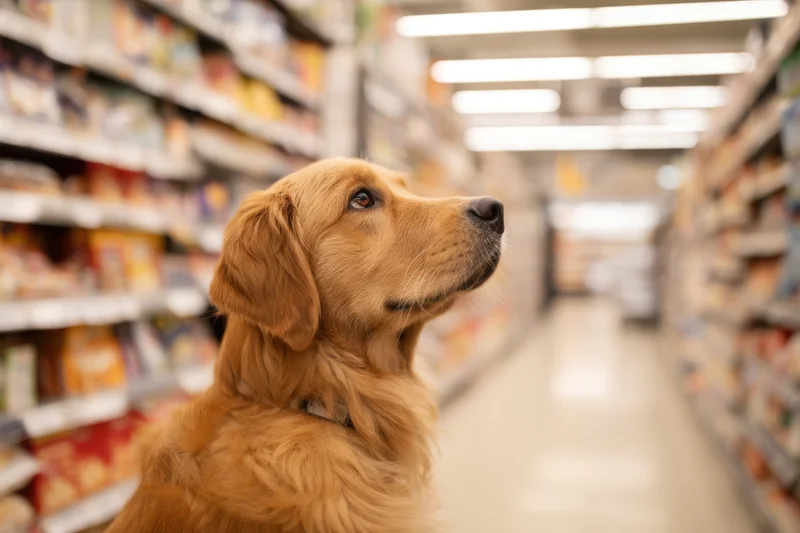 Golden retriever standing in grocery store aisle looking up