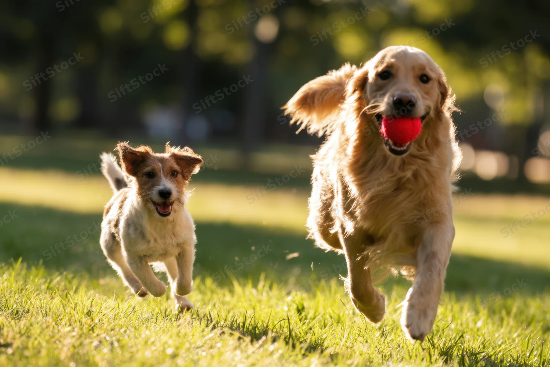 Golden retriever running with red ball in mouth, followed by jack russell puppy on grassy field