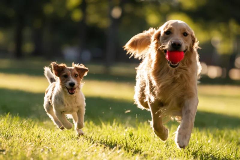 Golden retriever running with red ball in mouth, followed by jack russell puppy on grassy field