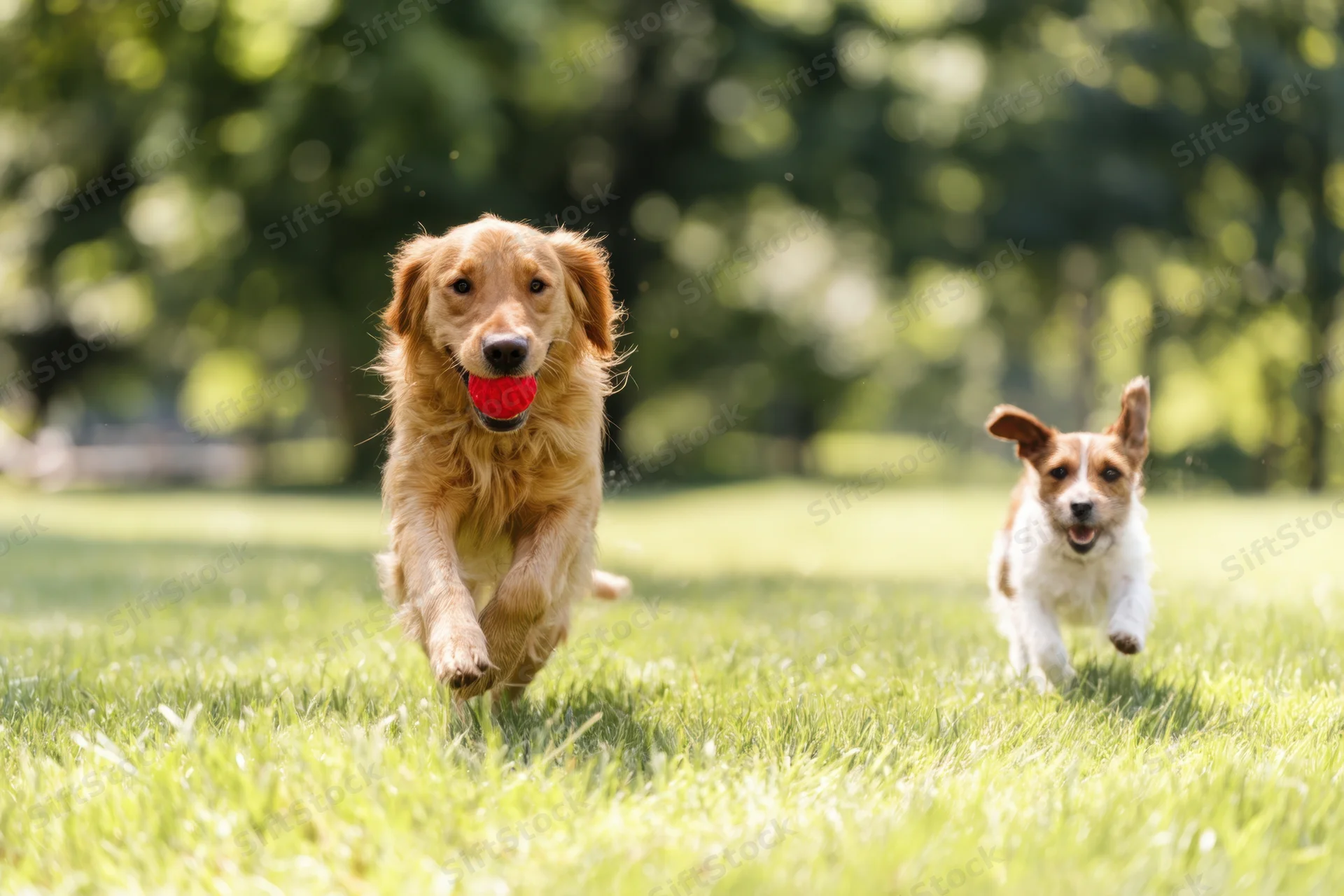 Golden retriever running with red ball in mouth, followed by jack russell, on grassy park field