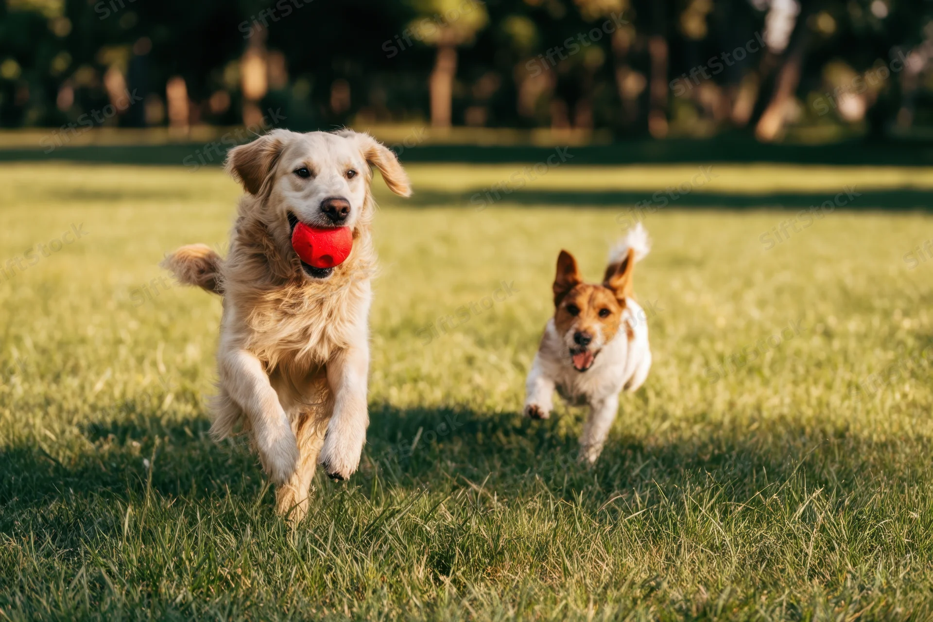 Golden retriever running with red ball in mouth, followed by jack russell on grassy field