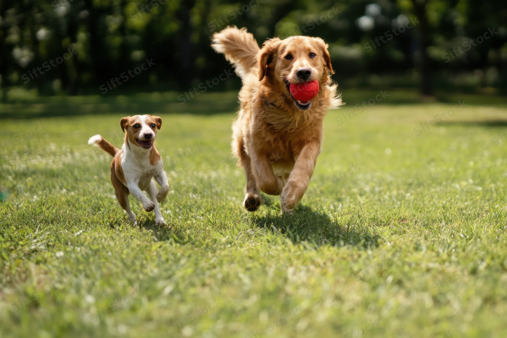 Golden retriever running with red ball in mouth across grassy park, followed by smaller dog