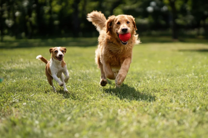Golden retriever running with red ball in mouth across grassy park, followed by smaller dog