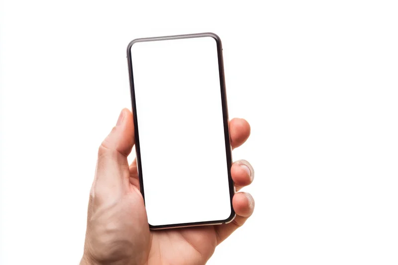 Hand holding smartphone with blank white screen isolated on white background