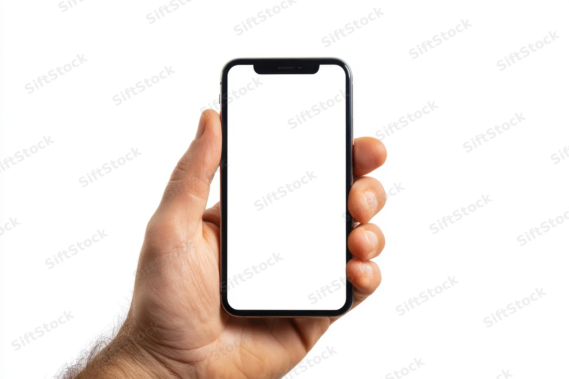 Hand holding smartphone with blank white screen against white background