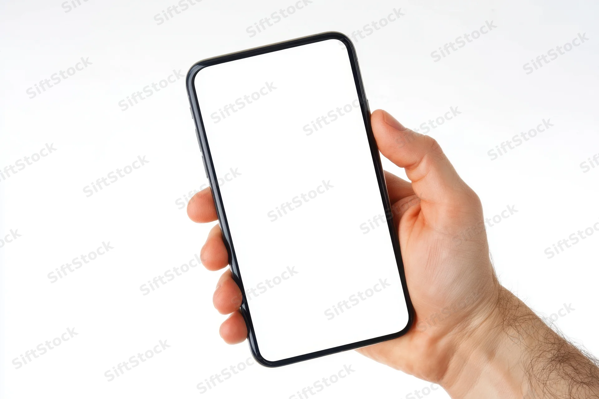Hand holding smartphone with blank white screen against white background