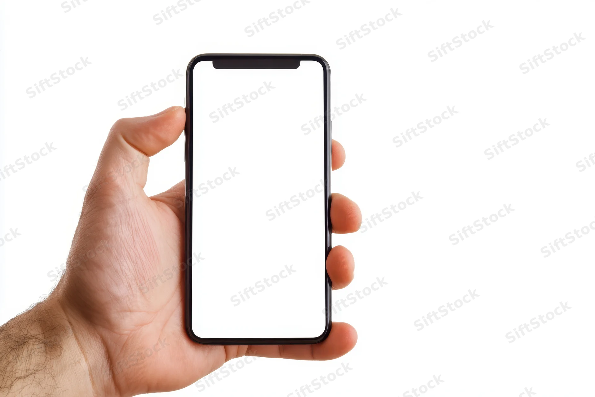 Hand holding smartphone with blank white screen against white background