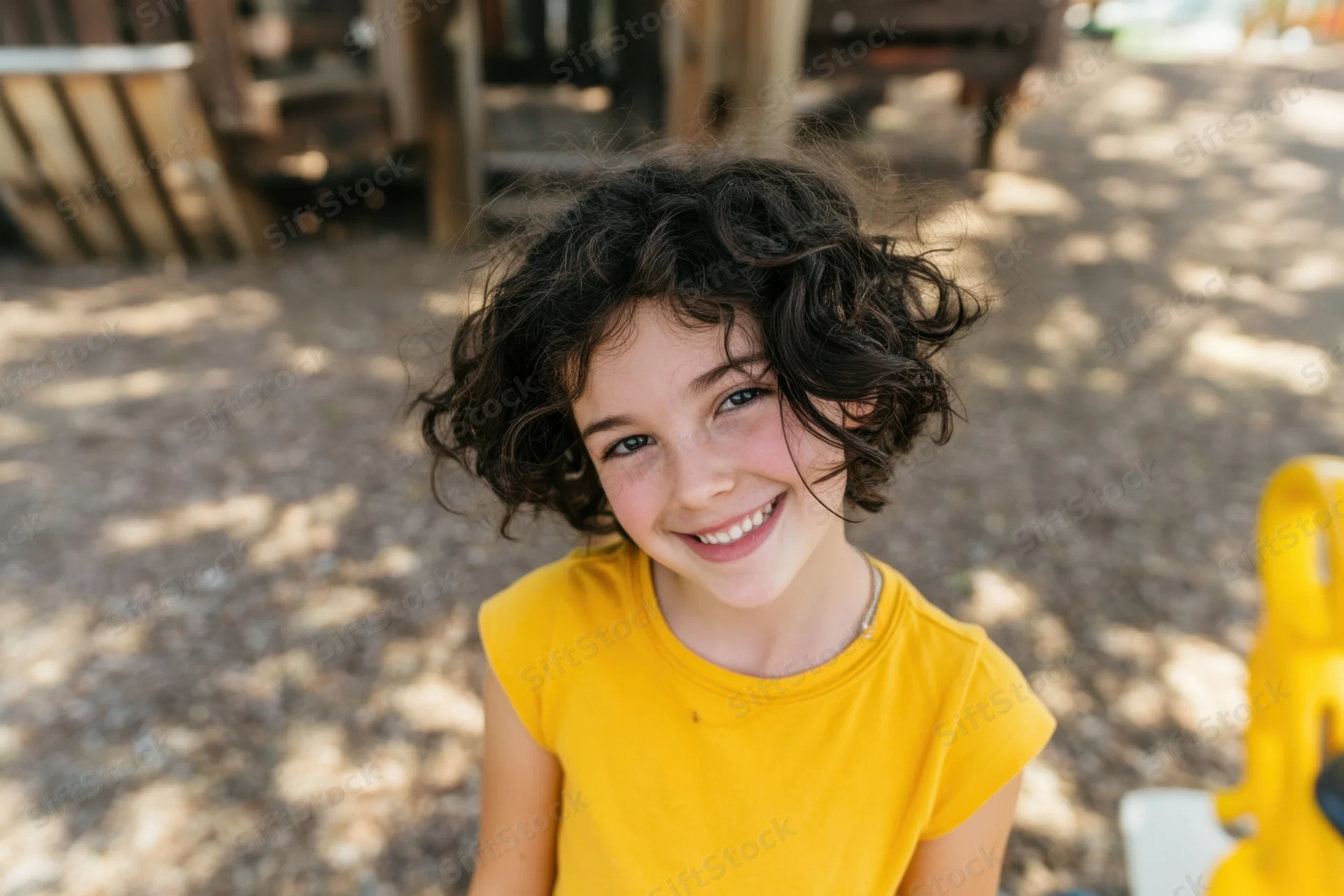 Young girl with curly dark hair smiling at camera in a playground setting