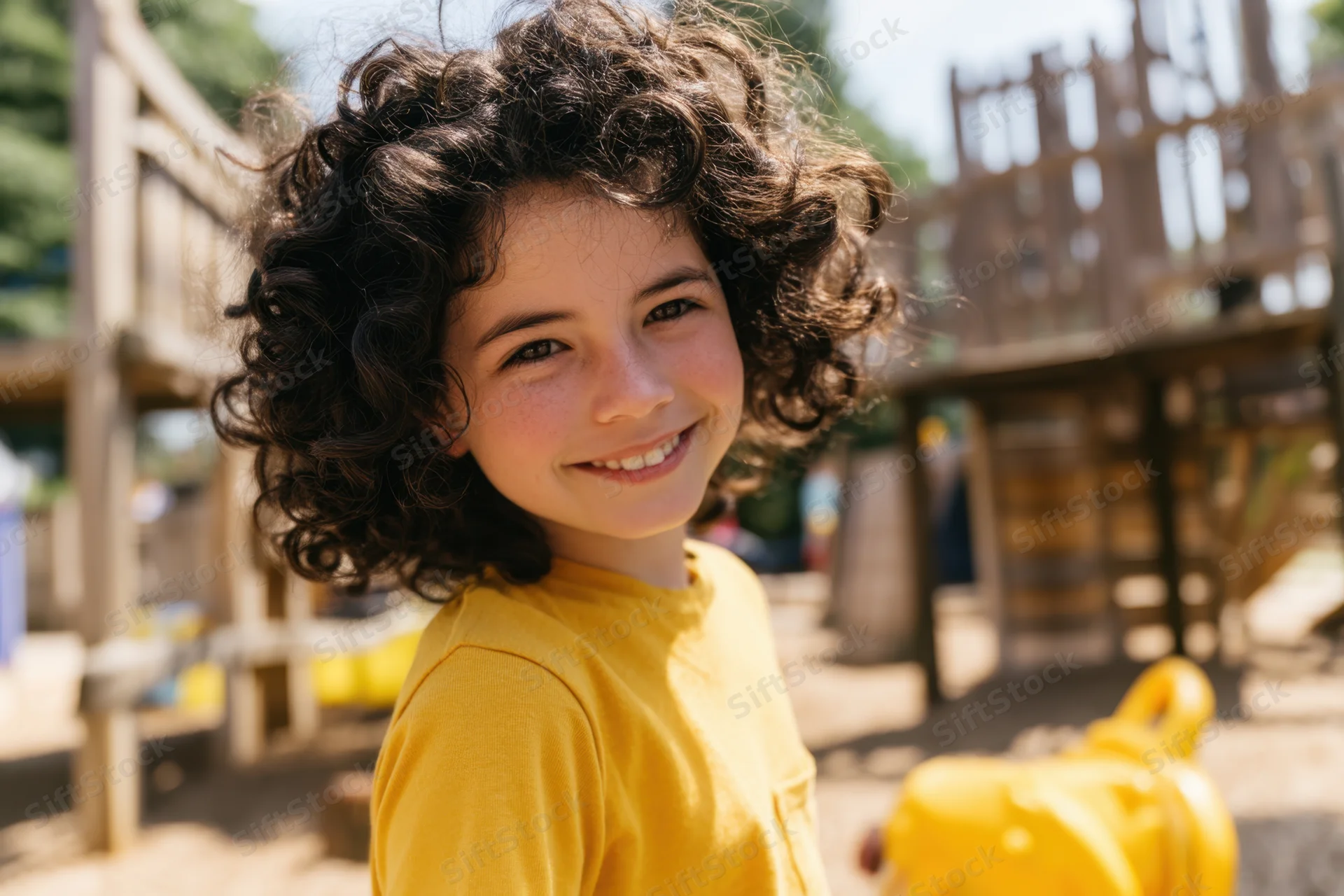 Young girl with curly dark hair smiling at camera in playground