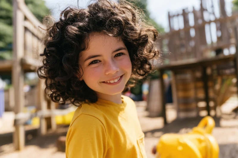 Young girl with curly dark hair smiling at camera in playground