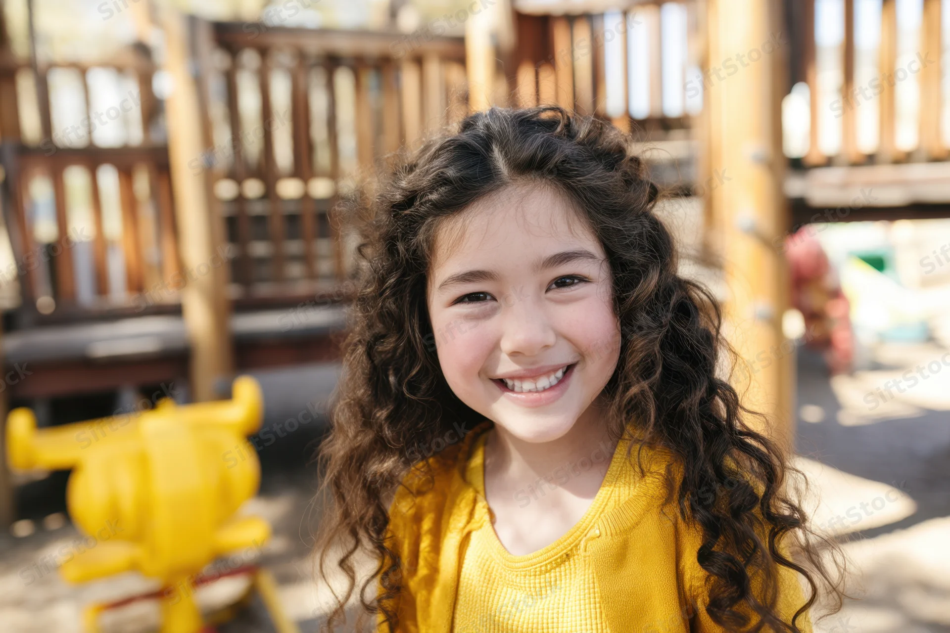 Young girl with curly dark hair smiling at camera in playground