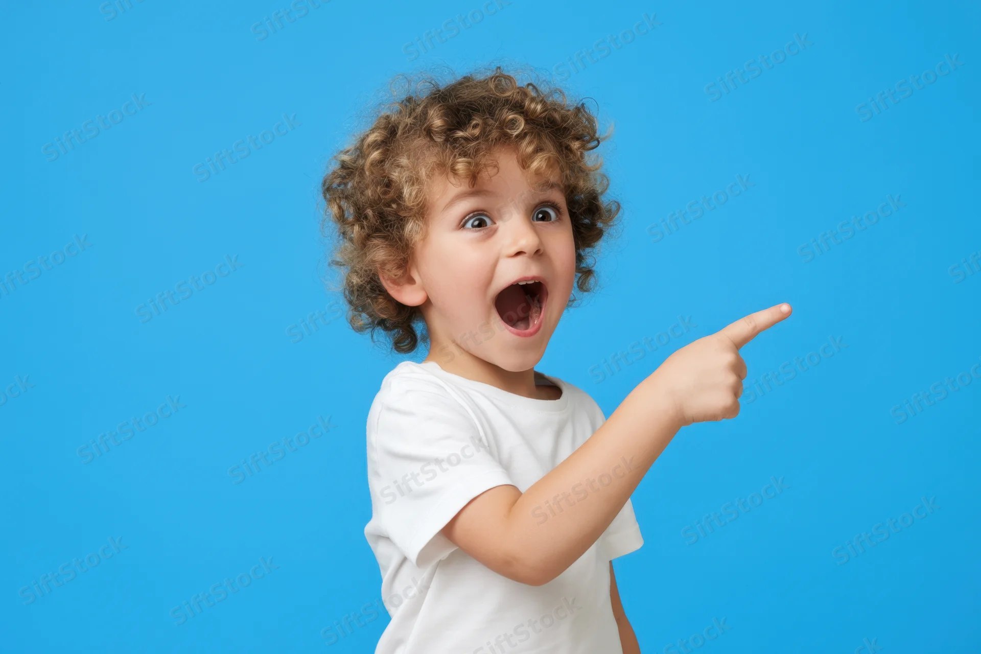 Young boy with curly hair pointing excitedly against blue background