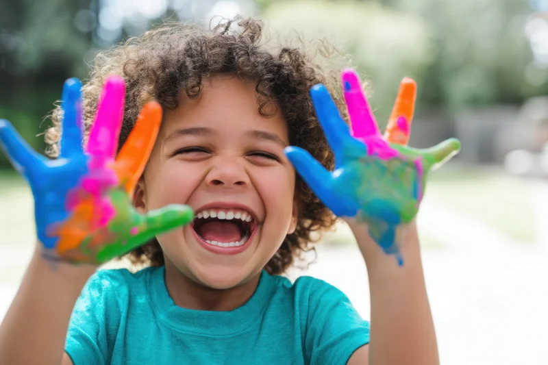 Child laughing with paint-covered hands outdoors