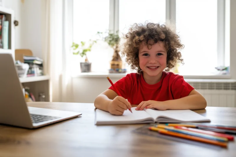 Child with curly hair writing in notebook at wooden table with laptop nearby