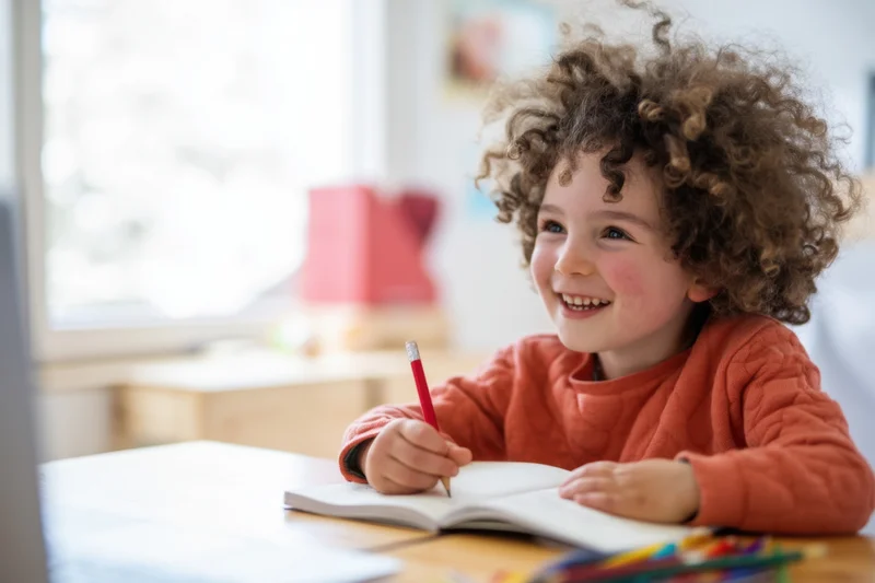 Young child with curly hair smiling while writing in a notebook at a wooden table indoors