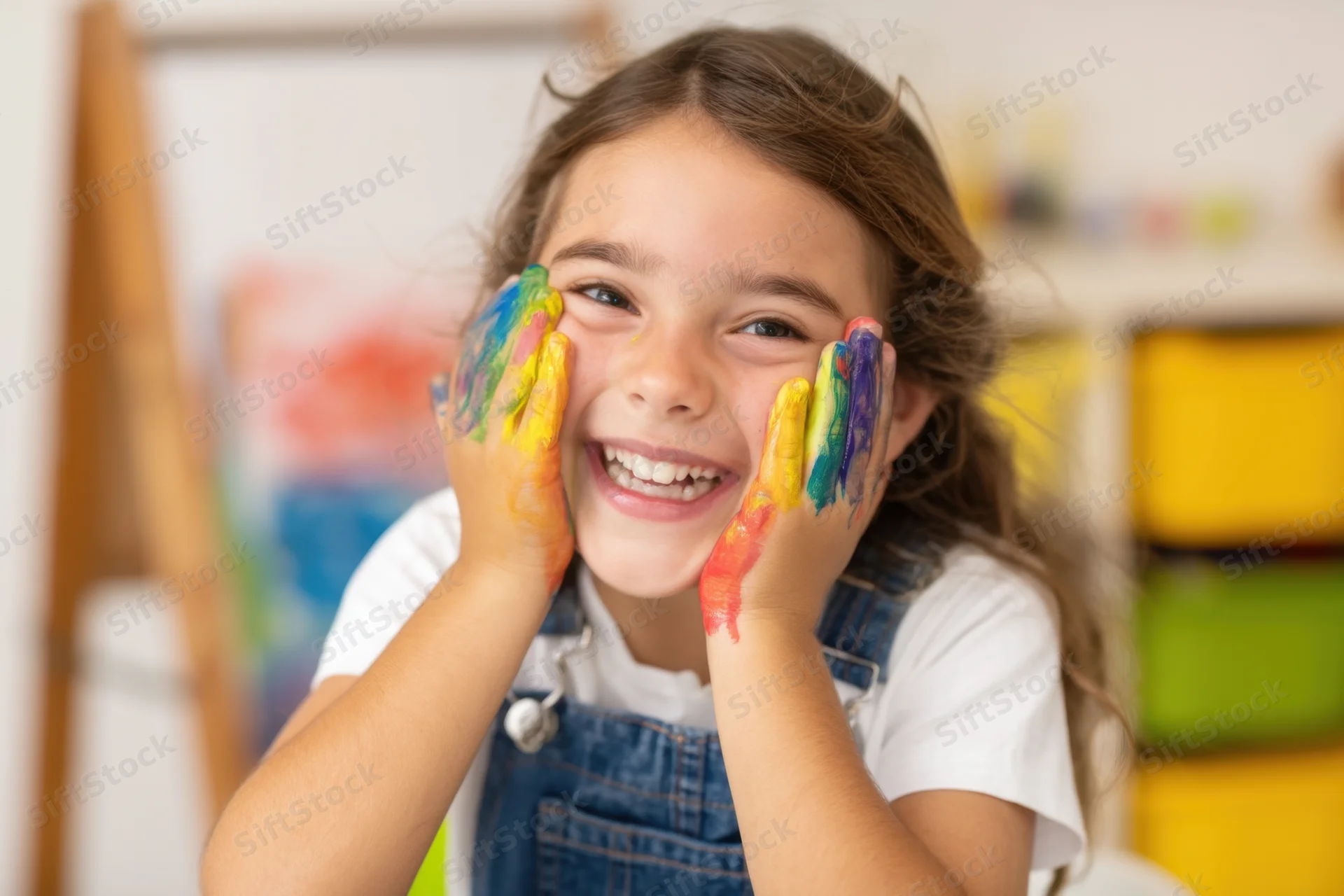 Smiling girl with rainbow paint on hands pressed to cheeks in an art classroom