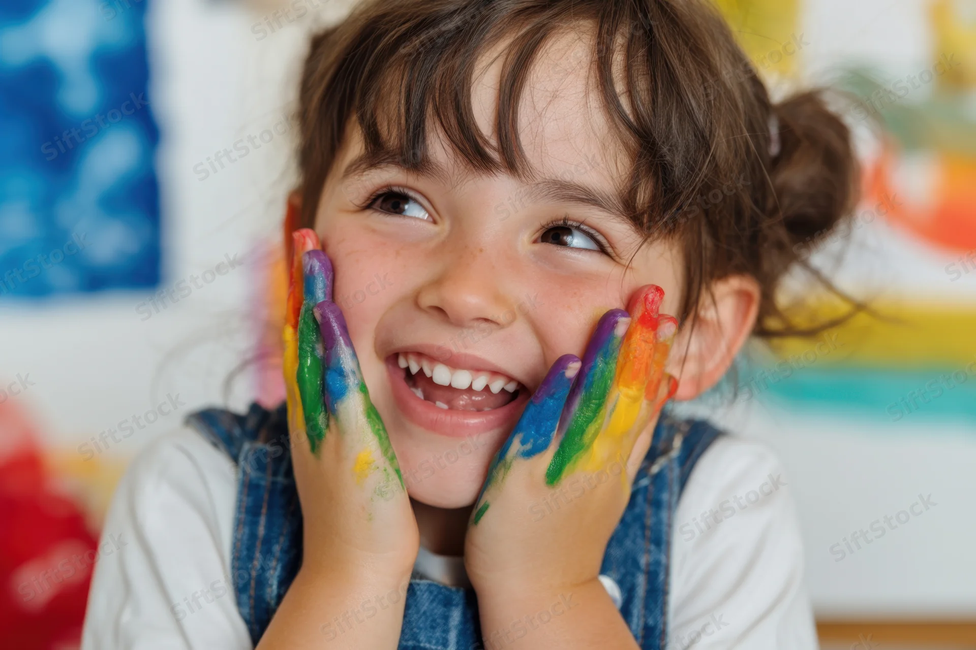 Young girl smiling with rainbow-painted hands pressed to her cheeks in an art studio