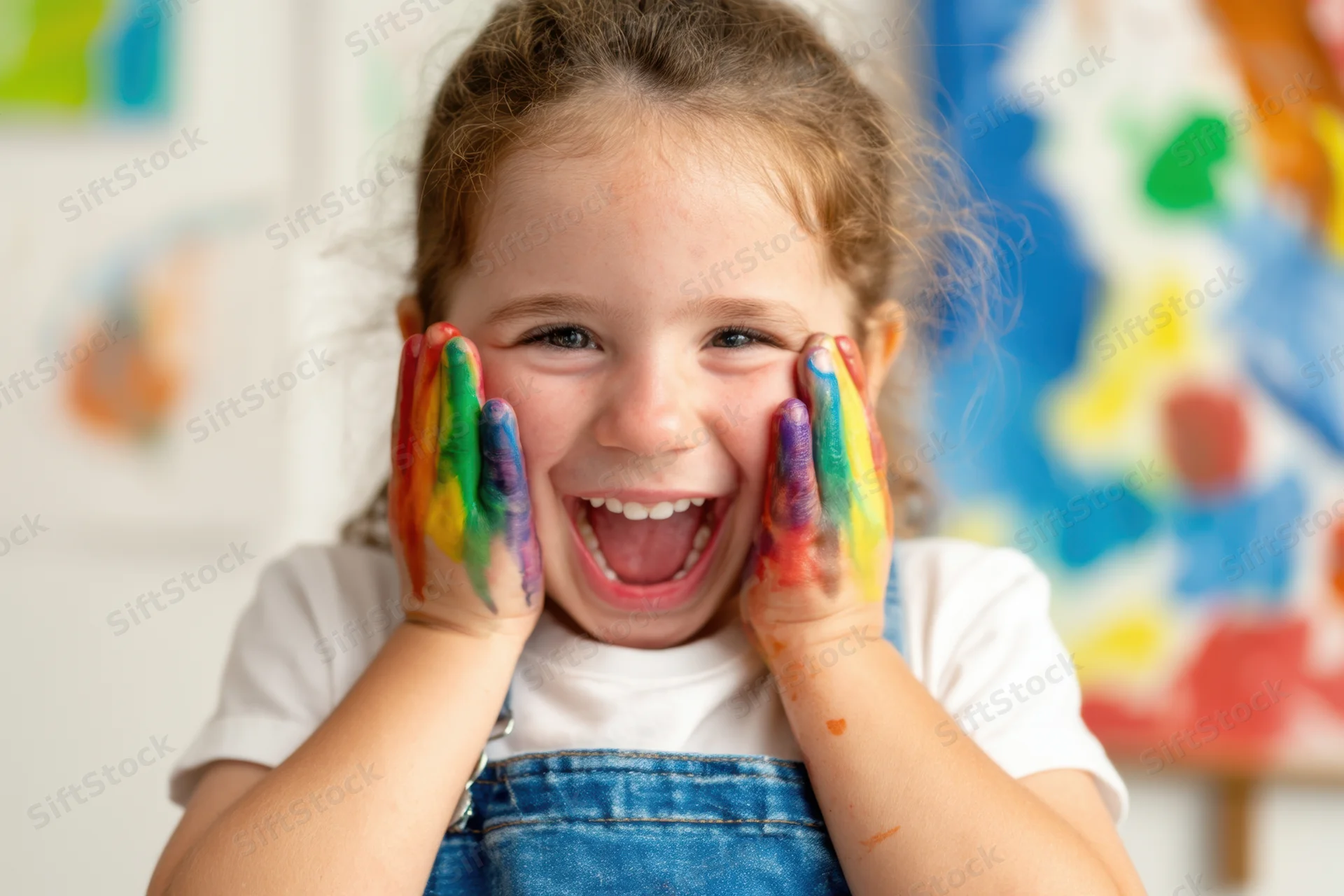 Young girl smiling with rainbow-painted hands pressed to her cheeks in an art studio