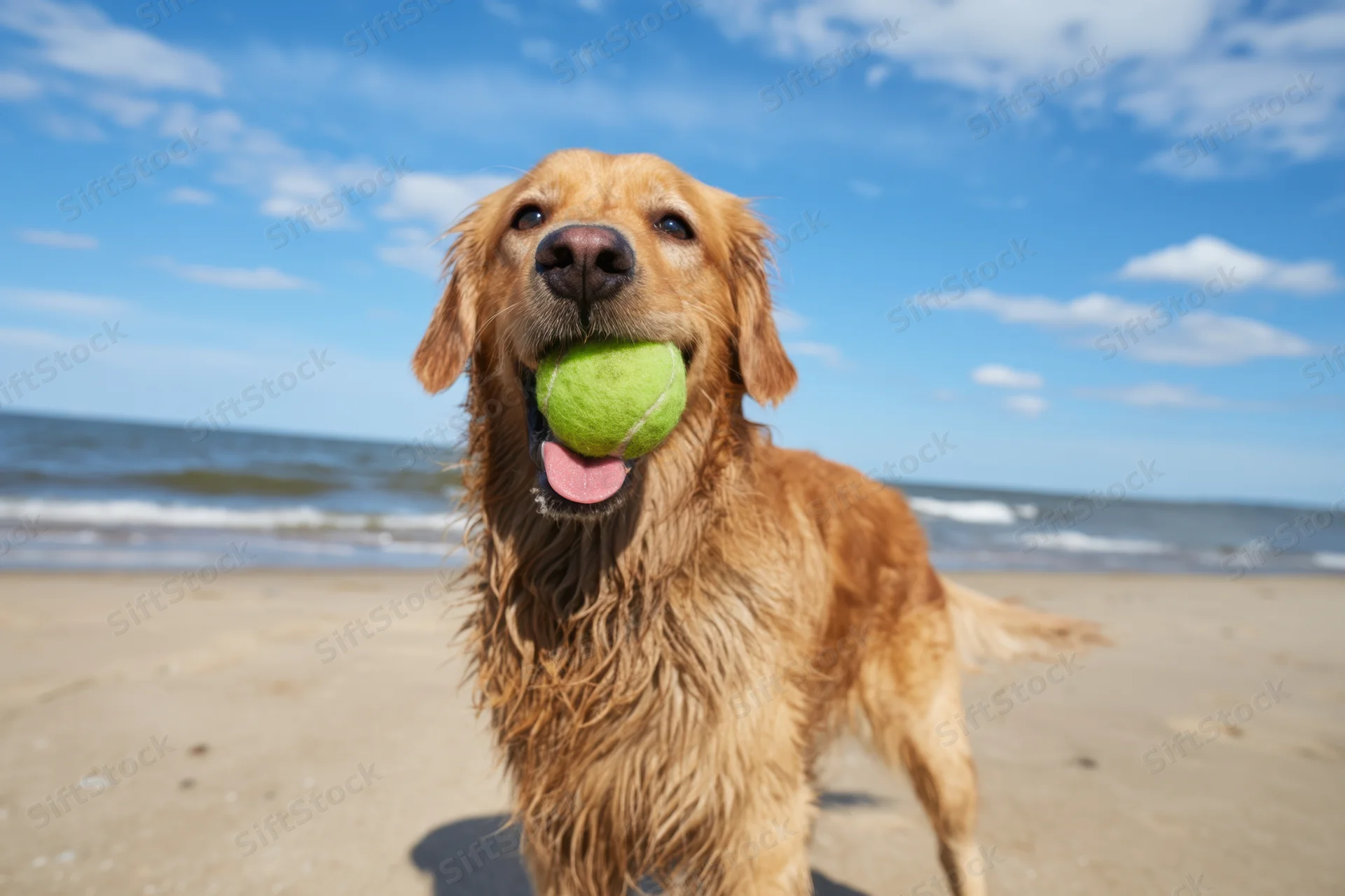 Golden retriever holding tennis ball on sandy beach near ocean