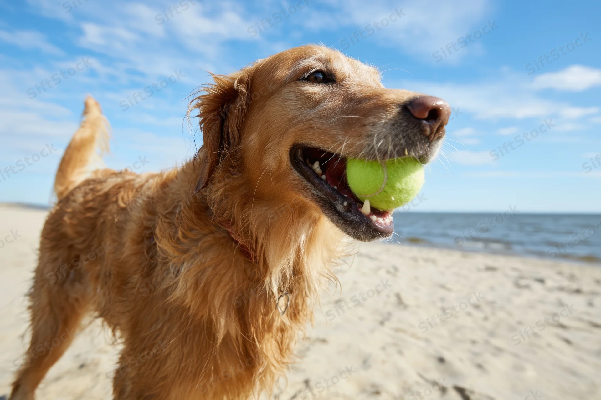 Golden retriever holding tennis ball on sandy beach near ocean