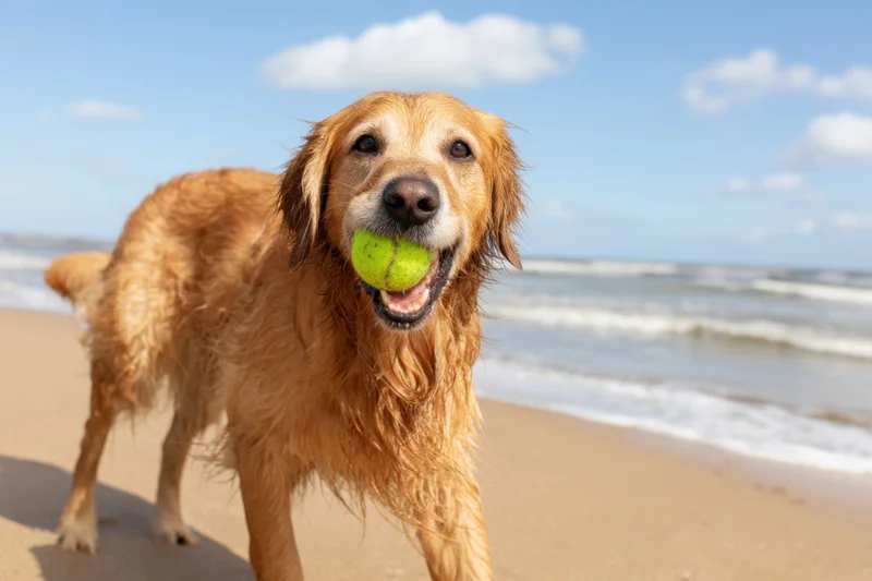 Golden retriever playing with tennis ball on sandy beach near ocean waves