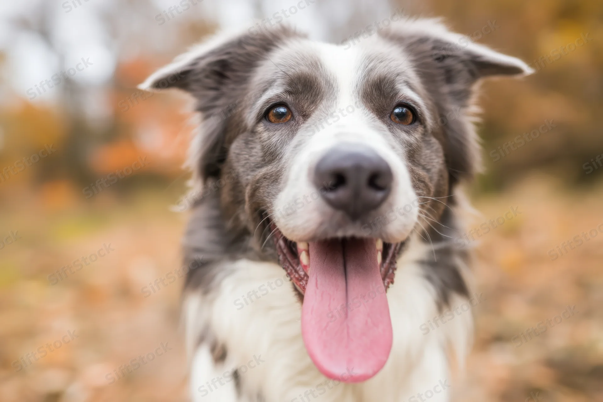 Closeup of a happy border collie with tongue out in an autumn forest