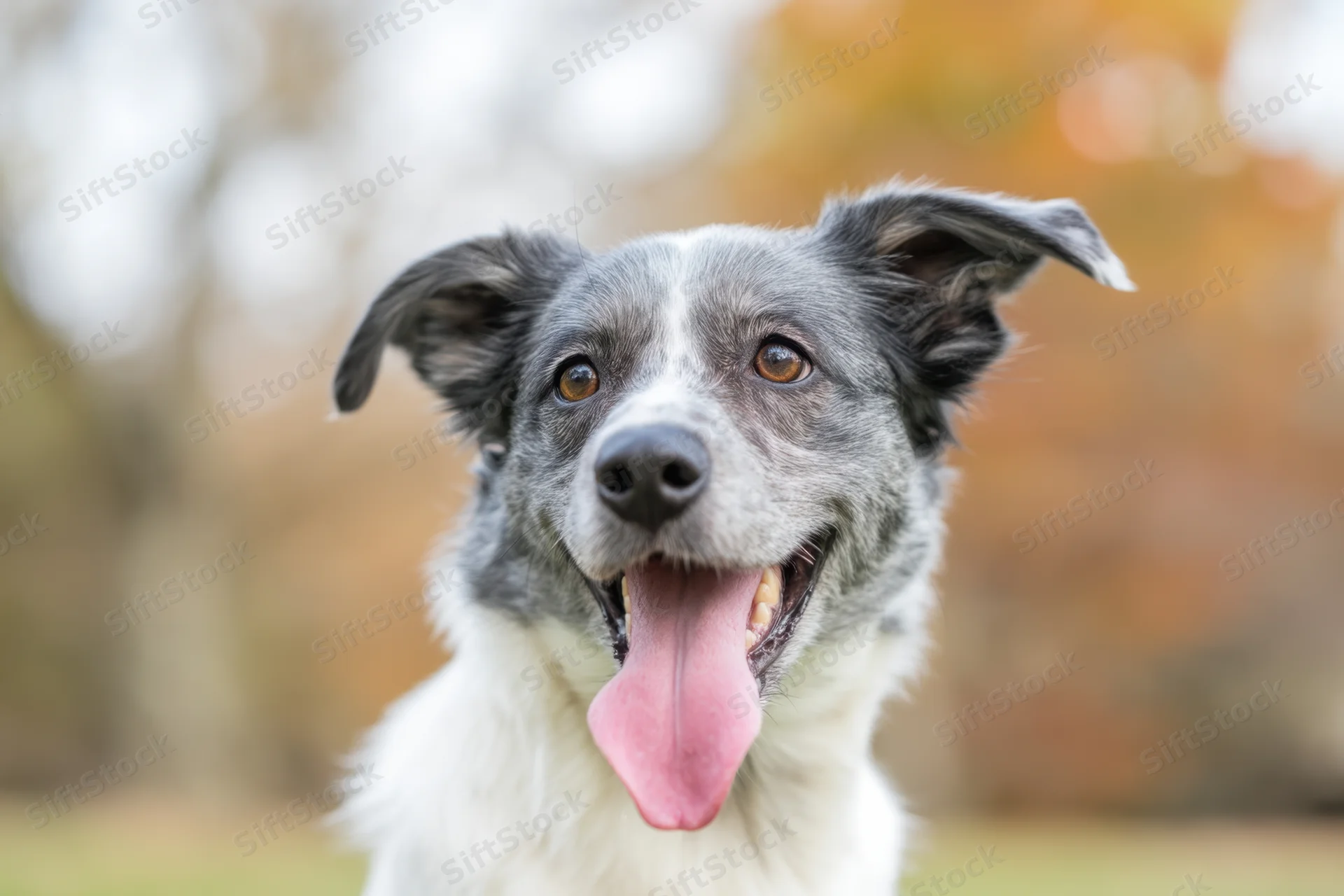 Happy gray and white dog with tongue out in autumn park