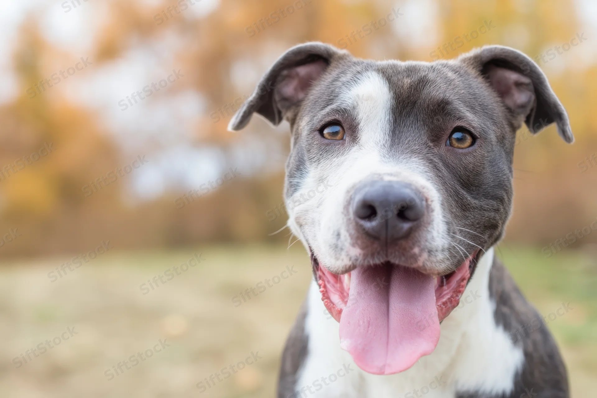 Gray and white dog with tongue out in autumn park