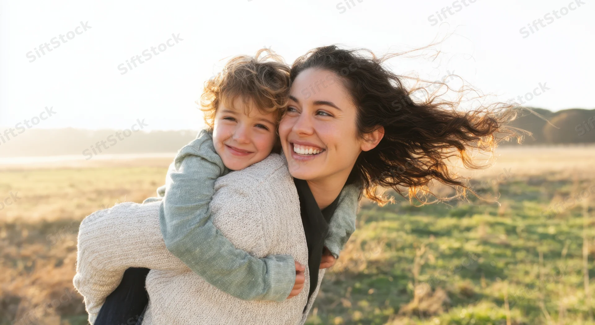 Mother carrying child on her back in a sunlit field, both smiling with wind blowing hair