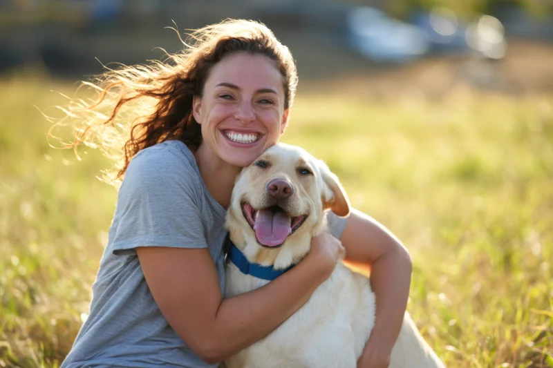 Woman hugging a yellow labrador in a grassy field on a sunny day