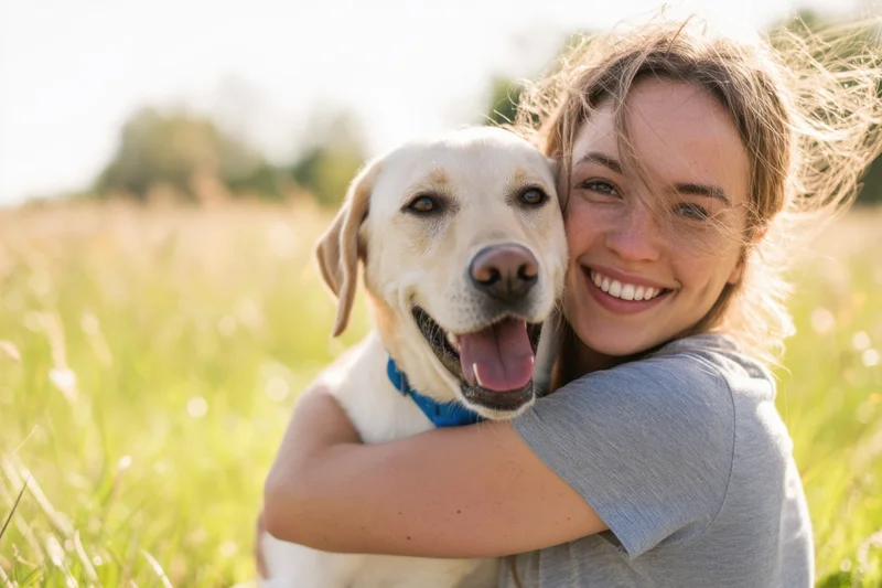 Woman hugging a yellow labrador in a grassy field