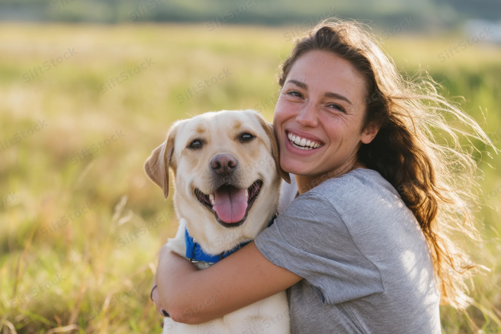 Woman hugging a yellow labrador in a grassy field on a sunny day
