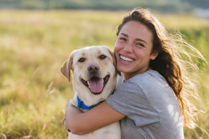 Woman hugging a yellow labrador in a grassy field on a sunny day