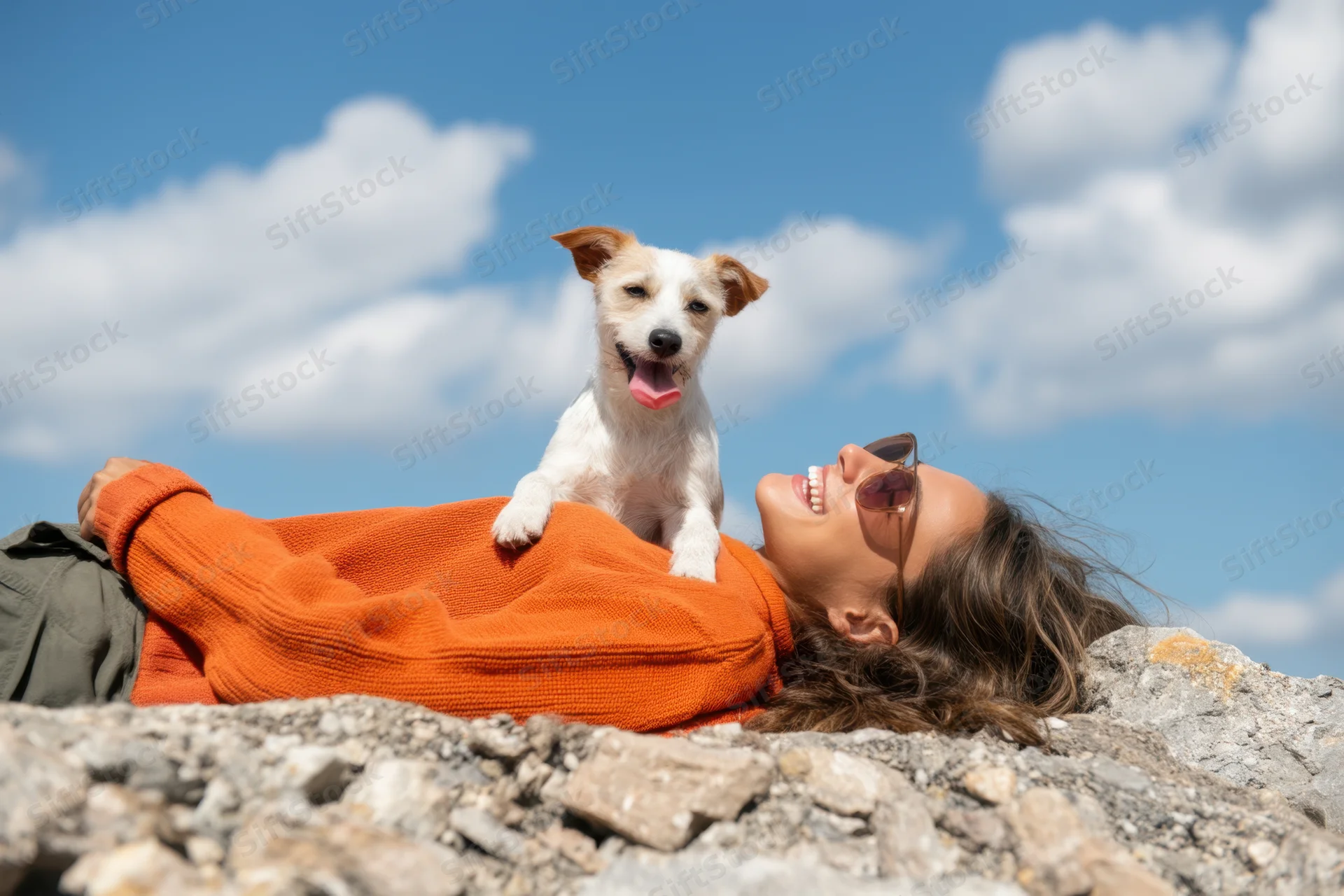 Woman lying on rocky ground smiling at jack russell puppy under blue sky