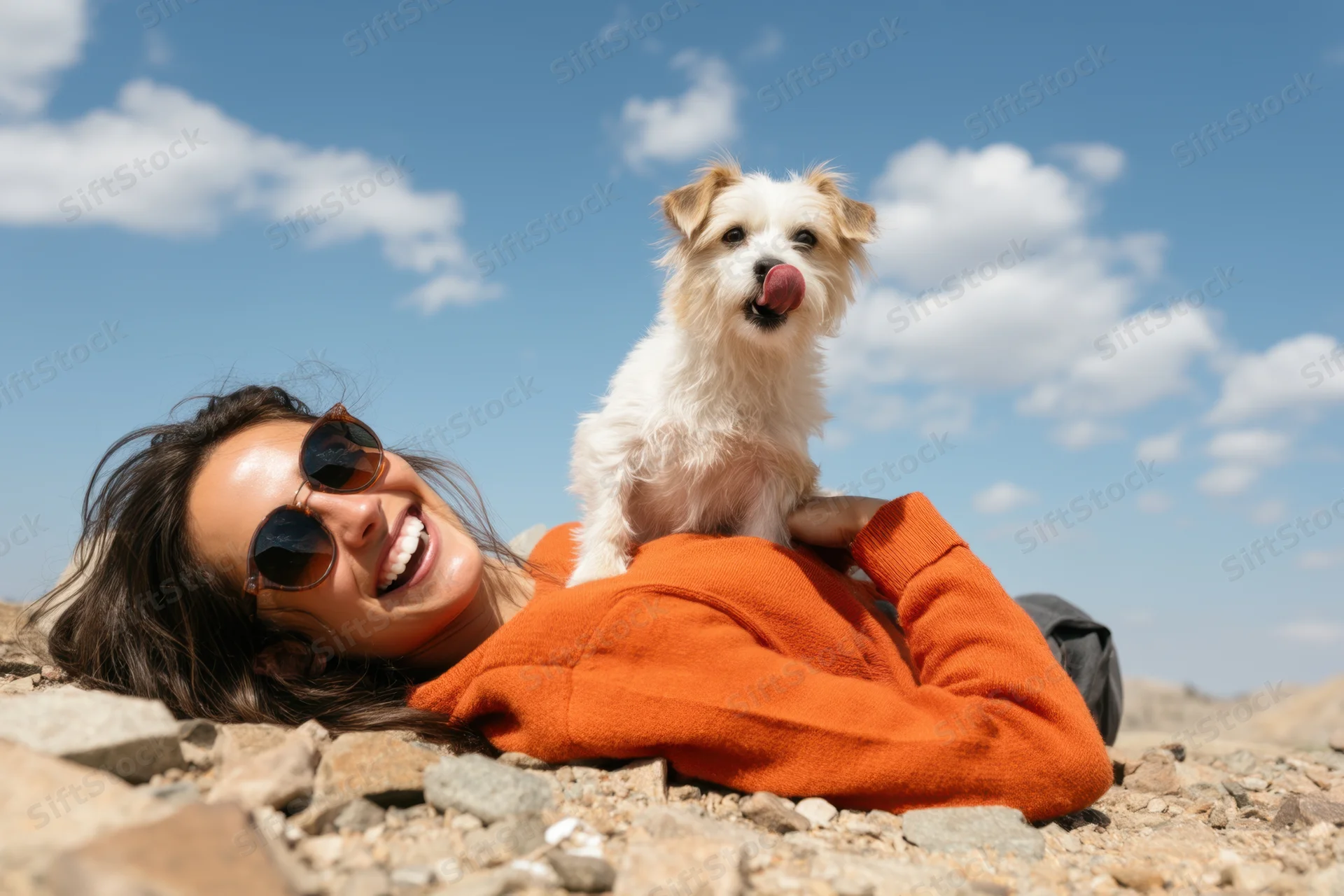 Woman smiling with small dog on rocky ground under blue sky