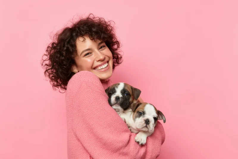 Woman smiling while holding two puppies in her arms against pink background