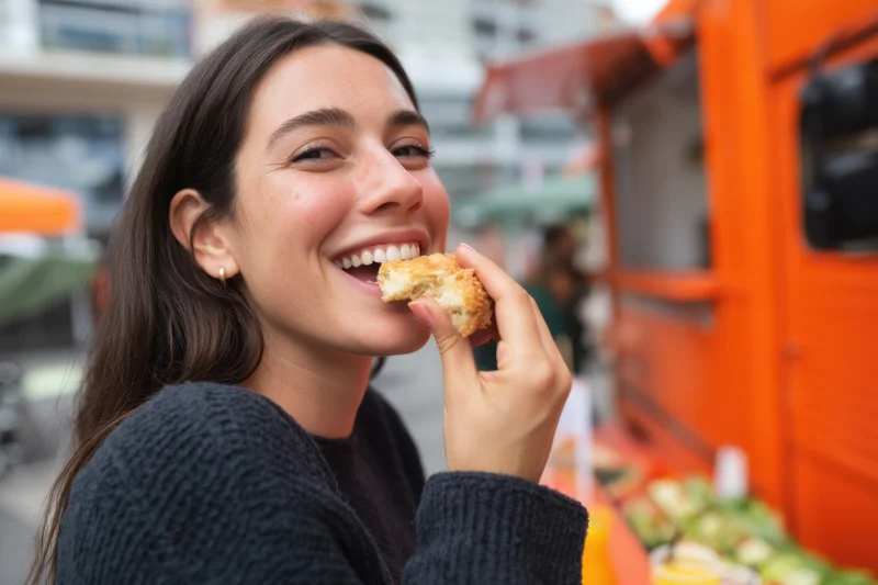 Young woman smiling while eating a pastry outdoors near a food truck