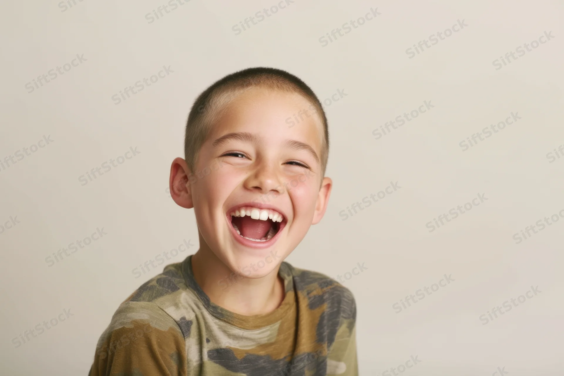 Young boy laughing with wide open mouth and crinkled eyes, wearing camouflage tshirt against light beige background