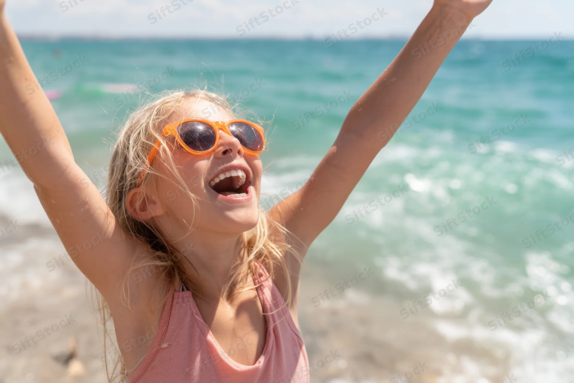 Young girl laughing with arms raised at the beach