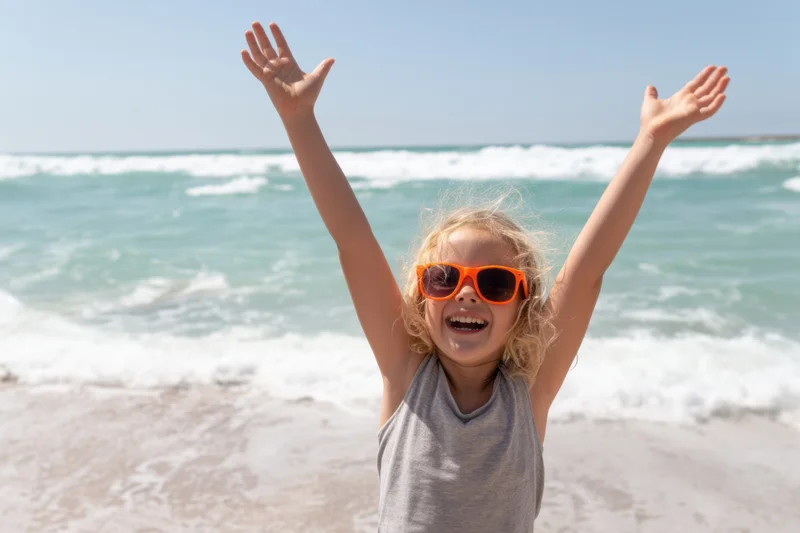 Young girl with arms raised smiling on beach near ocean waves