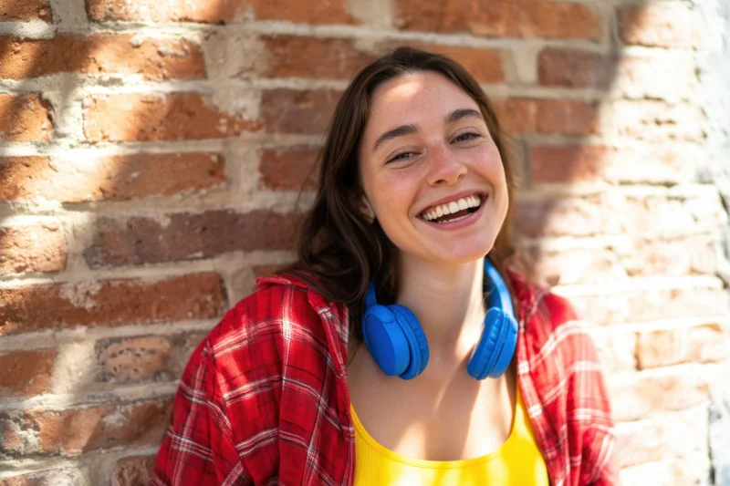 Young woman smiling with blue headphones around neck leaning against sunlit brick wall