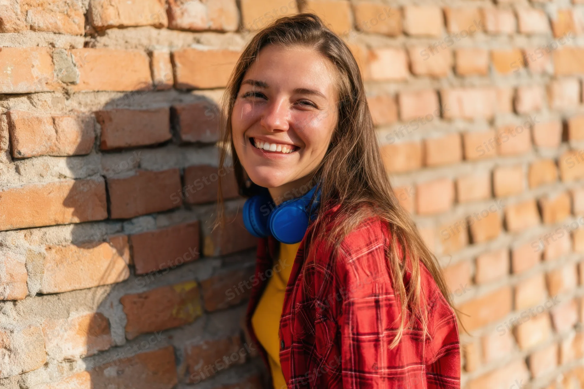 Young woman smiling with blue headphones around neck leaning against sunlit brick wall