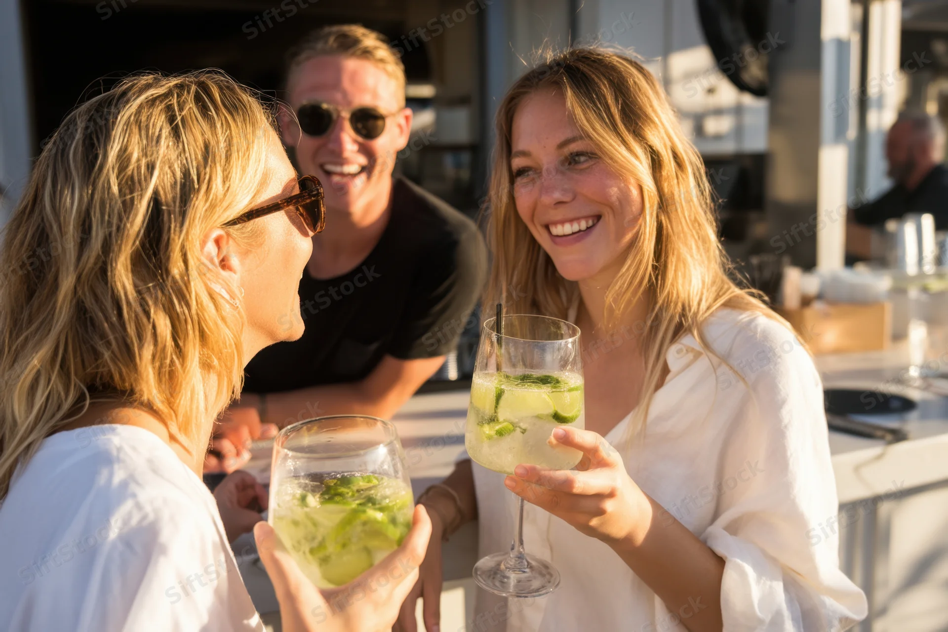 Two women smiling and holding cocktails at an outdoor bar with a man laughing in the background